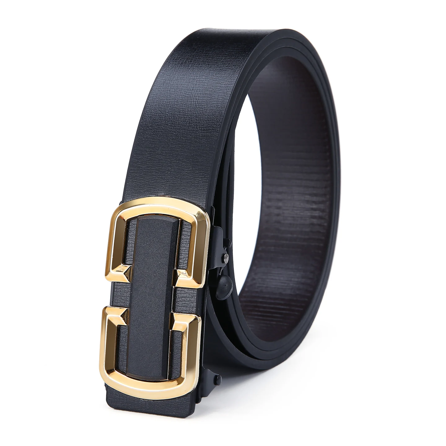 DJH7004 black smooth automatic PU belt with black-gold H-detail buckle