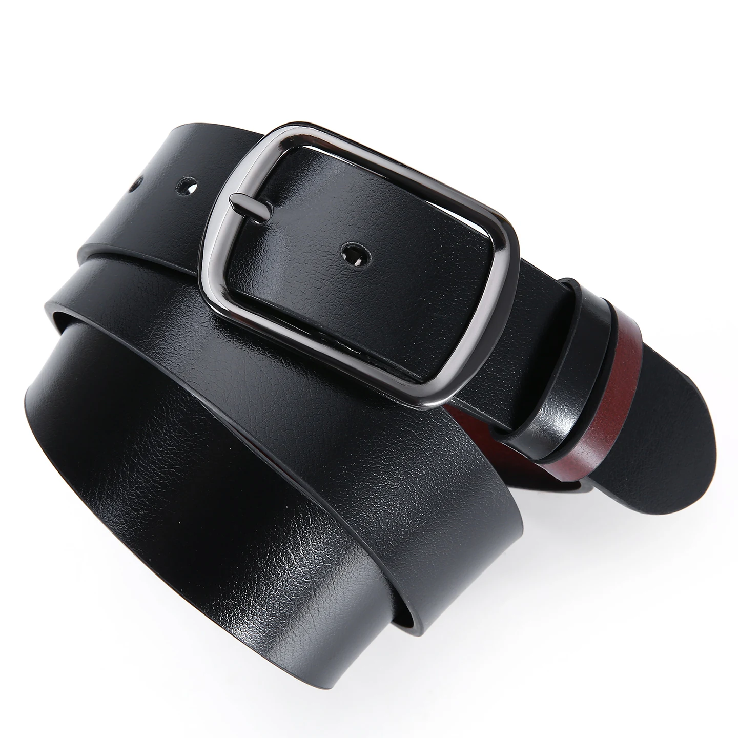 DQH6002 black smooth PU belt with gunmetal buckle, angled view